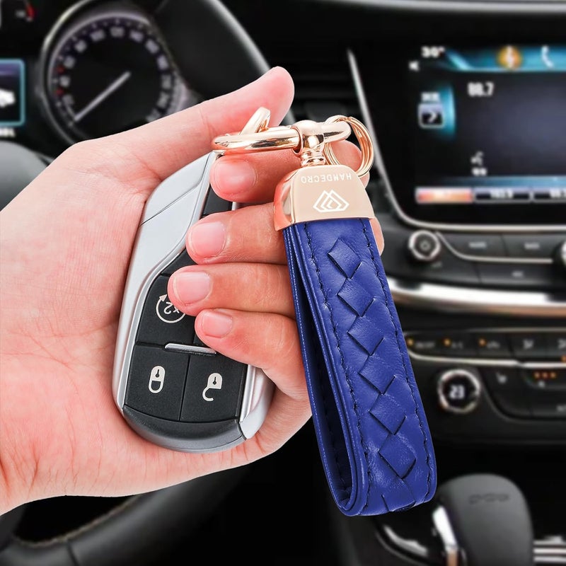 Hamdecro Store Genuine Leather Car Keychain, Handmade Knit Sheepskin Key chains for Women, Universal Key Fob Holder with 360 Degree Rotatable, Anti-Lost D-Ring, 2 Keyrings and 1 Screwdriver – Blue - Image 5